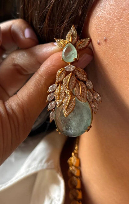 Designer Leaf Necklace Set with Aqua Drop Earrings | Bridal Statement Jewelry
