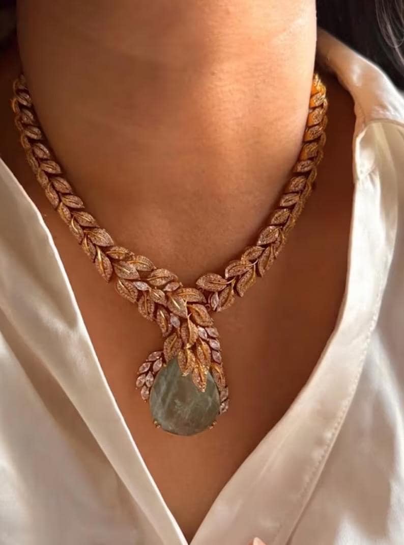 Designer Leaf Necklace Set with Aqua Drop Earrings | Bridal Statement Jewelry