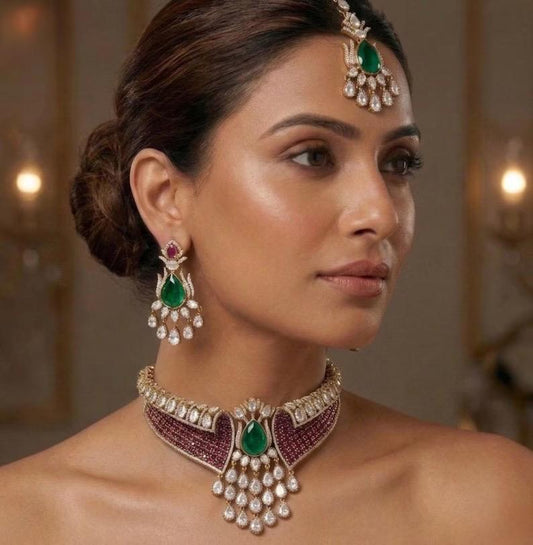 Kundan Choker Set with Emerald Ruby Stones, Maang Tikka, Earrings | Bridal Wedding Jewelry