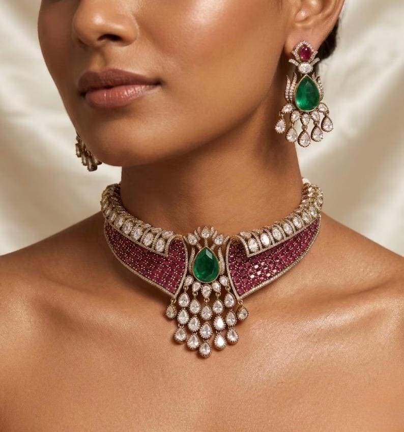 Kundan Choker Set with Emerald Ruby Stones, Maang Tikka, Earrings | Bridal Wedding Jewelry