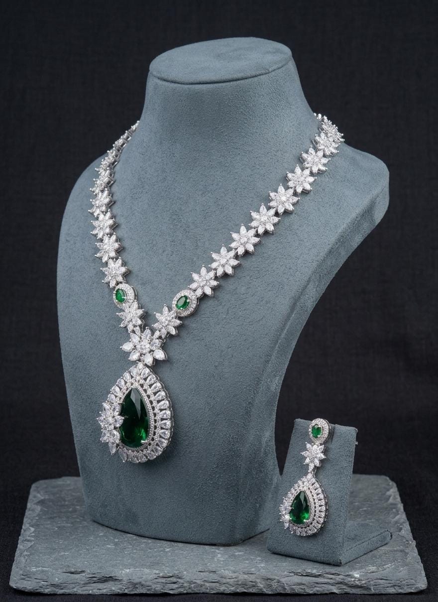 CZ Teardrop Pendant Necklace and Earrings Set | Bridal Floral Statement Jewelry