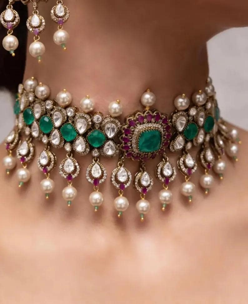 Kundan Choker Necklace Set with Earrings | Designer Bridal Pearl Drop Jewelry