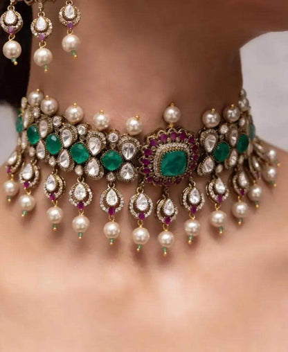 Kundan Choker Necklace Set with Earrings | Designer Bridal Pearl Drop Jewelry