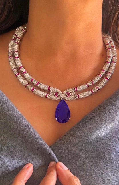 Sapphire Teardrop Necklace Earrings Set | CZ Bridal Wedding Jewelry