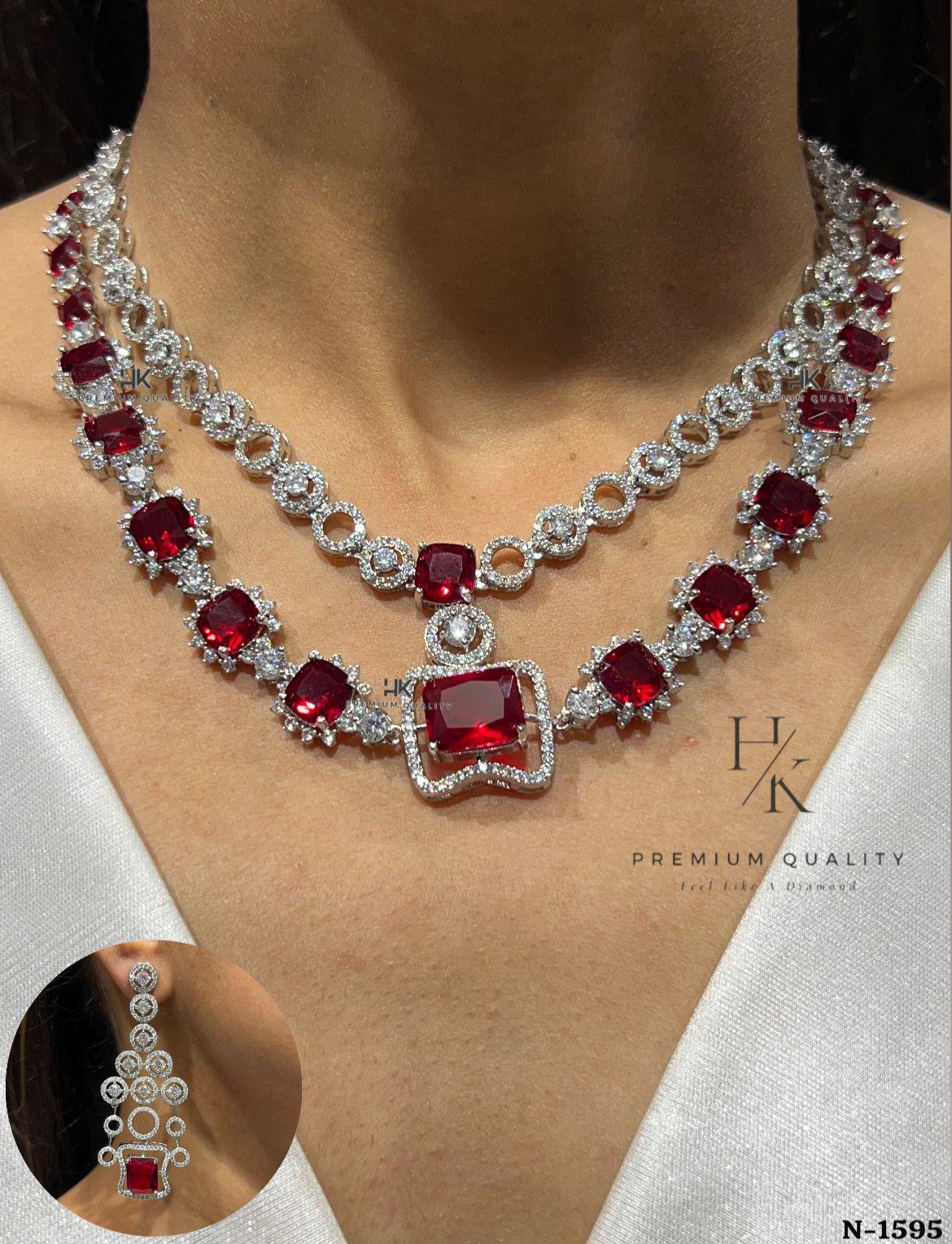 American Diamond Necklace Set | CZ Bridal Chandelier Earrings, Geometric Party Wear