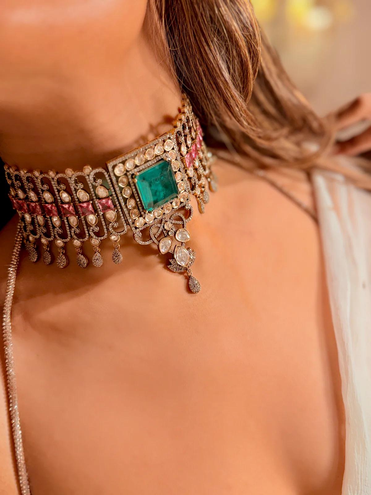 Kundan Choker Necklace Set | Emerald Ruby Bridal Wedding Jewelry