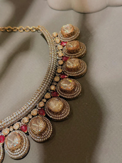 Rose Gold Kundan Necklace Set | Bridal Choker with Ruby Accents, Earrings