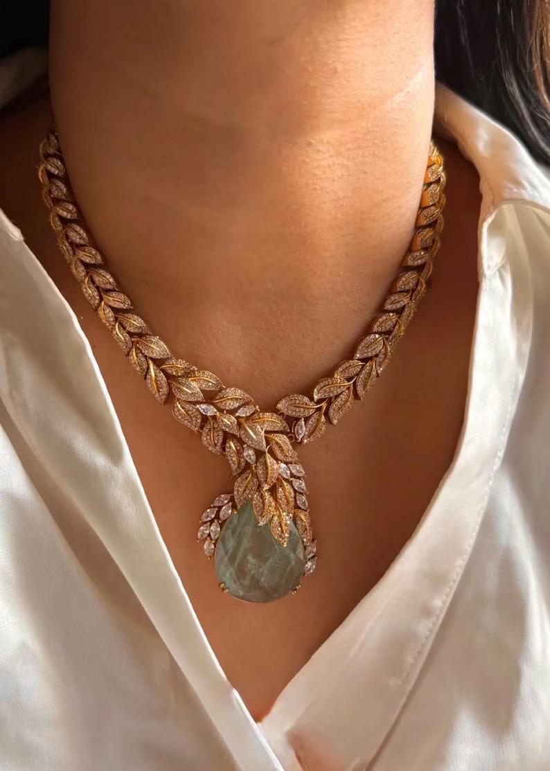 Designer Leaf Necklace Set with Aqua Drop Earrings | Bridal Statement Jewelry