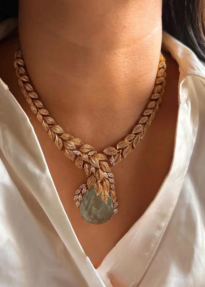 Designer Leaf Necklace Set with Aqua Drop Earrings | Bridal Statement Jewelry