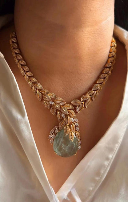 Designer Leaf Necklace Set with Aqua Drop Earrings | Bridal Statement Jewelry