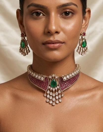 Kundan Choker Set with Emerald Ruby Stones, Maang Tikka, Earrings | Bridal Wedding Jewelry