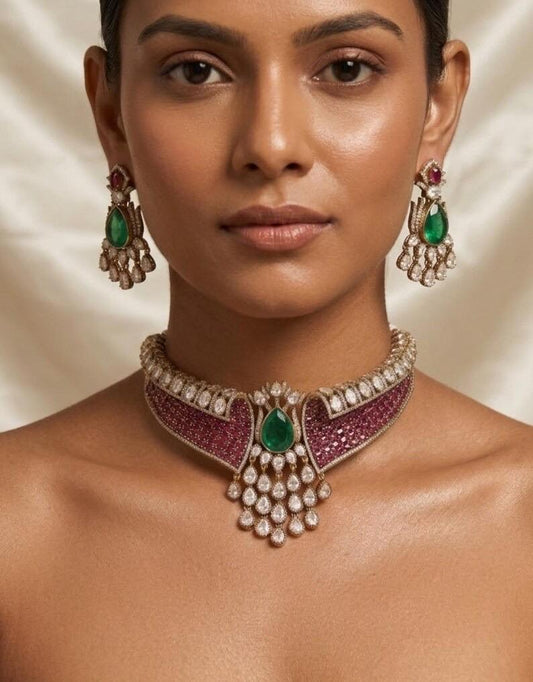 Kundan Choker Set with Emerald Ruby Stones, Maang Tikka, Earrings | Bridal Wedding Jewelry