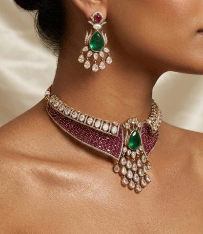 Kundan Choker Set with Emerald Ruby Stones, Maang Tikka, Earrings | Bridal Wedding Jewelry