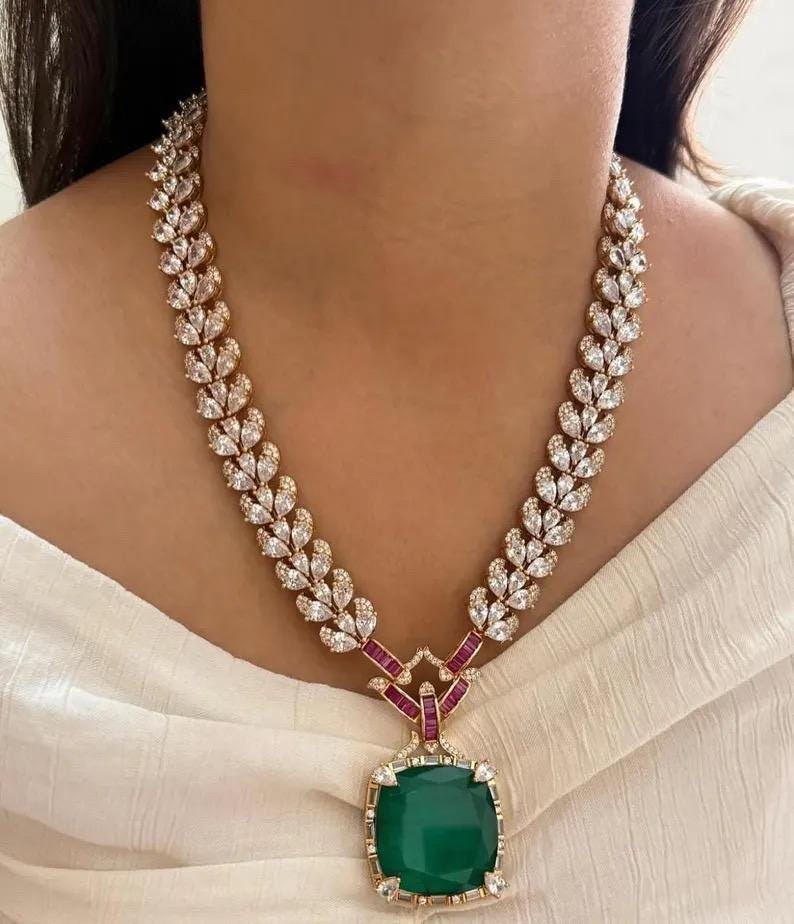 American Diamond Pendant Necklace Set | CZ Bridal Jewelry, Statement Earrings, Wedding Party Wear