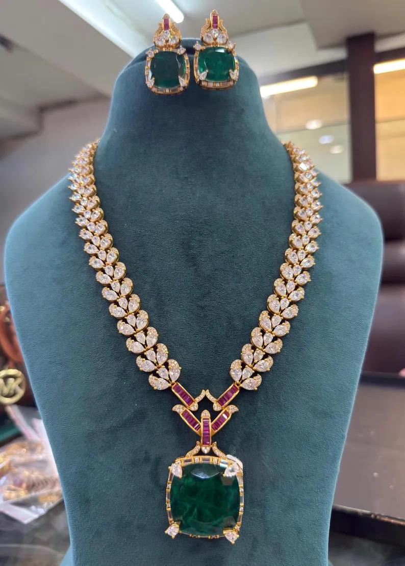 American Diamond Pendant Necklace Set | CZ Bridal Jewelry, Statement Earrings, Wedding Party Wear