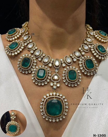 Kundan Polki Necklace Set with Statement Pendant, Matching Earrings | Bridal Indian Jewelry
