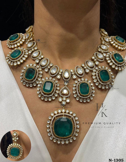 Kundan Polki Necklace Set with Statement Pendant, Matching Earrings | Bridal Indian Jewelry