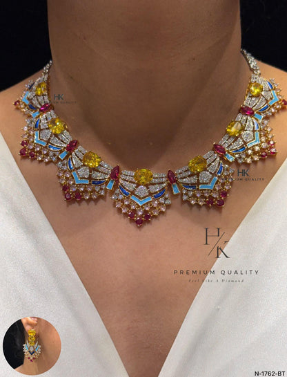 Designer CZ Statement Necklace Set with Matching Earrings | Art Deco Bridal Jewelry