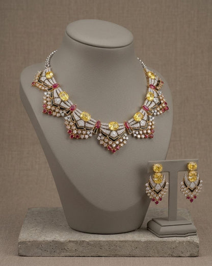 Designer CZ Statement Necklace Set with Matching Earrings | Art Deco Bridal Jewelry