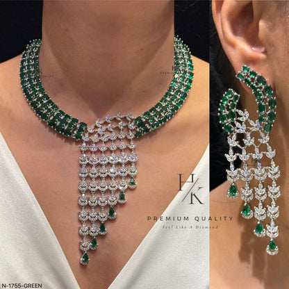 Designer CZ Statement Necklace Set | Matching Tassel Earrings, Bridal Wedding Jewelry