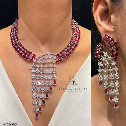 Designer CZ Statement Necklace Set | Matching Tassel Earrings, Bridal Wedding Jewelry