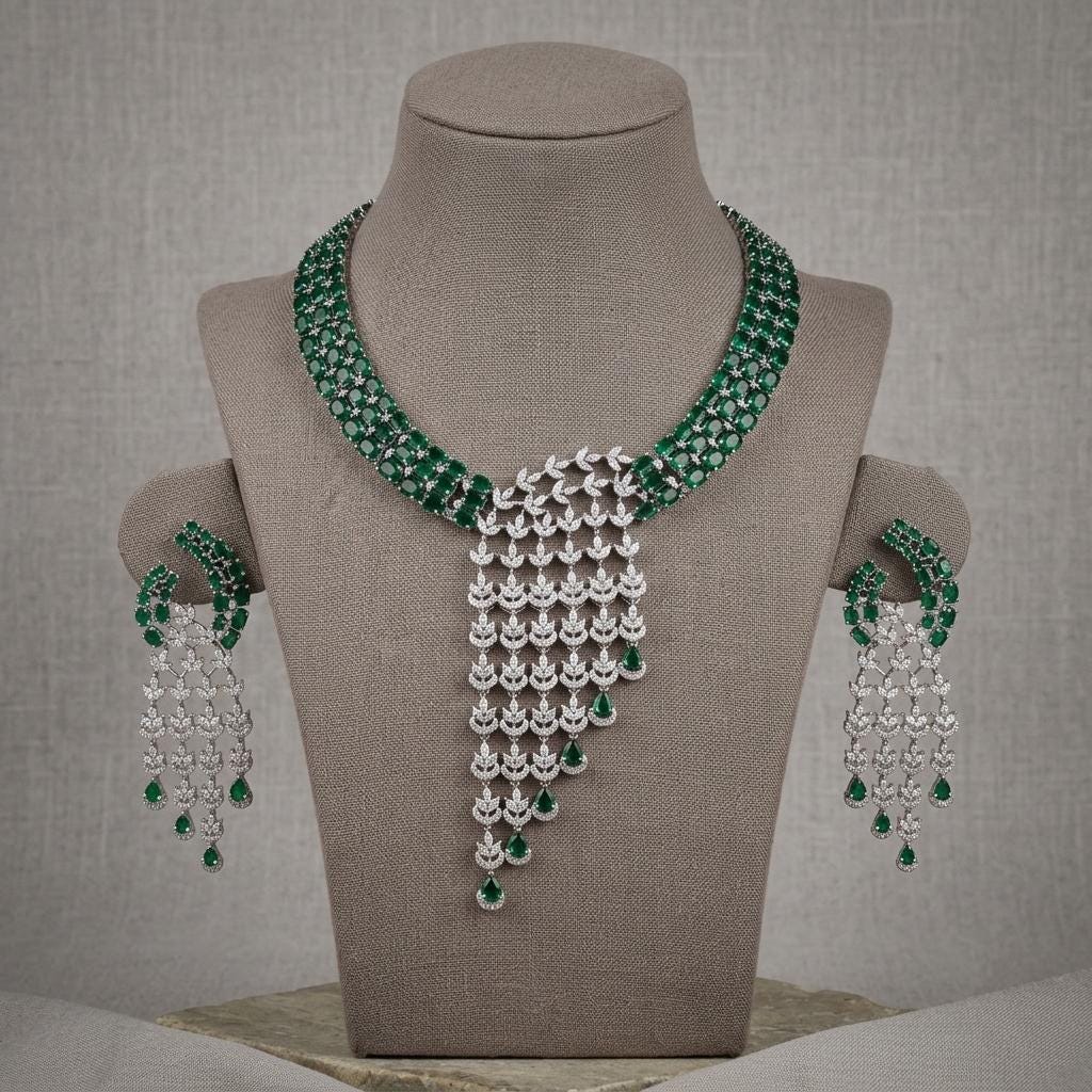 Designer CZ Statement Necklace Set | Matching Tassel Earrings, Bridal Wedding Jewelry