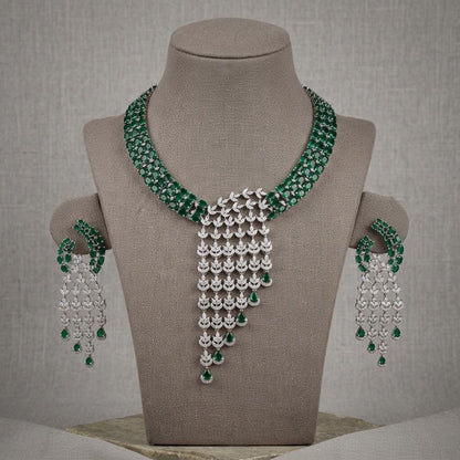 Designer CZ Statement Necklace Set | Matching Tassel Earrings, Bridal Wedding Jewelry