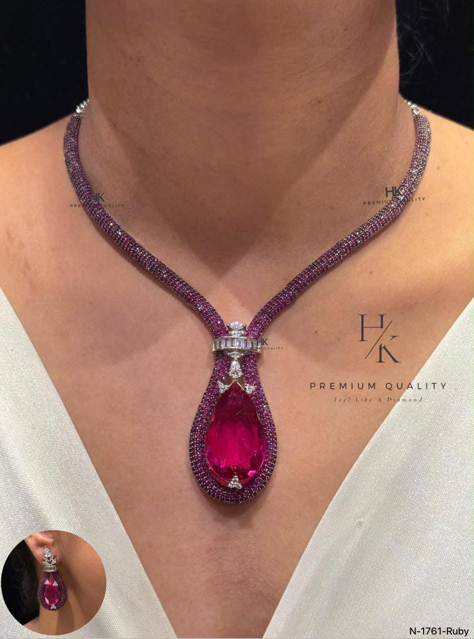 Luxury Statement Pendant Necklace Set with Matching Earrings | Designer CZ Bridal Jewelry | Wedding Necklace