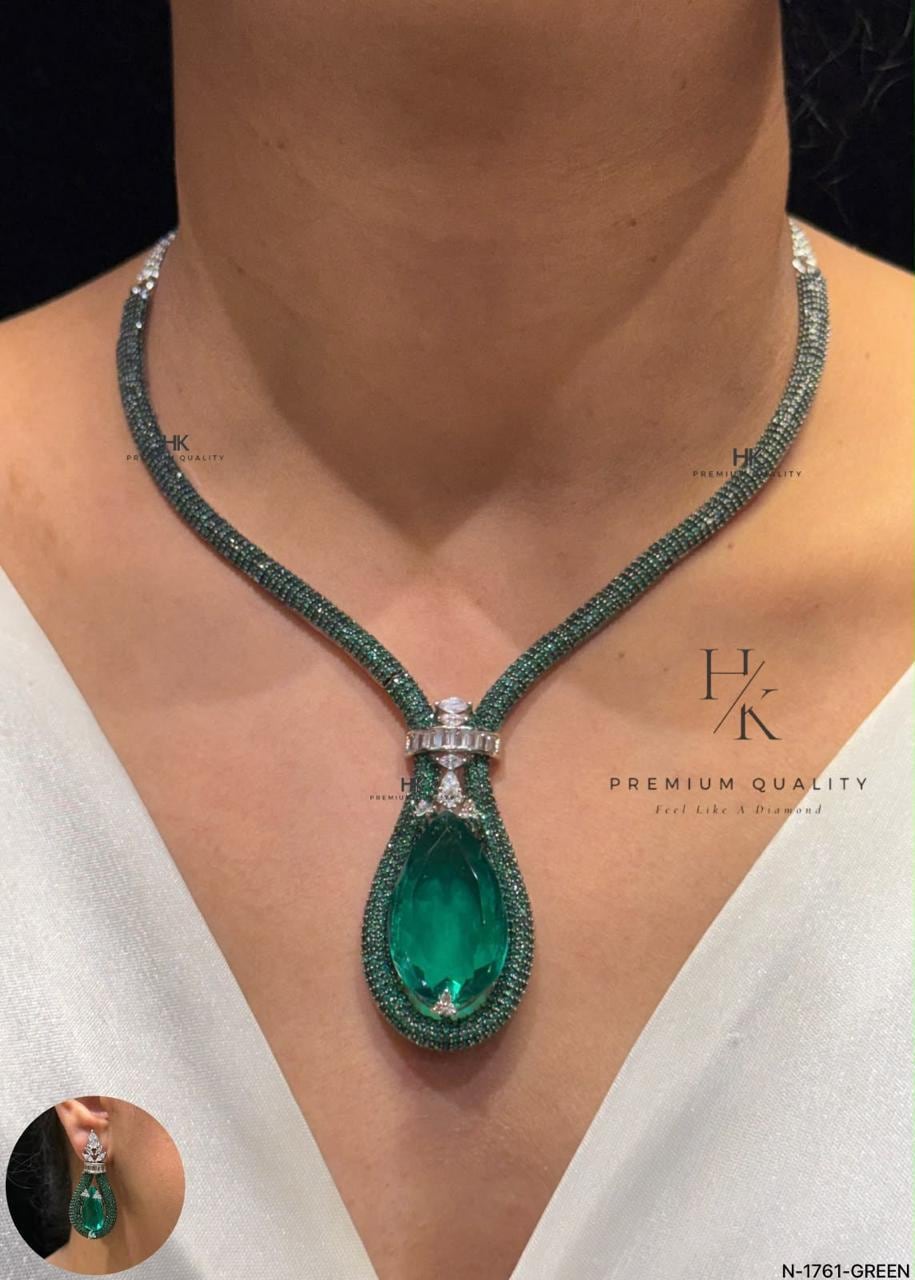 Luxury Statement Pendant Necklace Set with Matching Earrings | Designer CZ Bridal Jewelry | Wedding Necklace