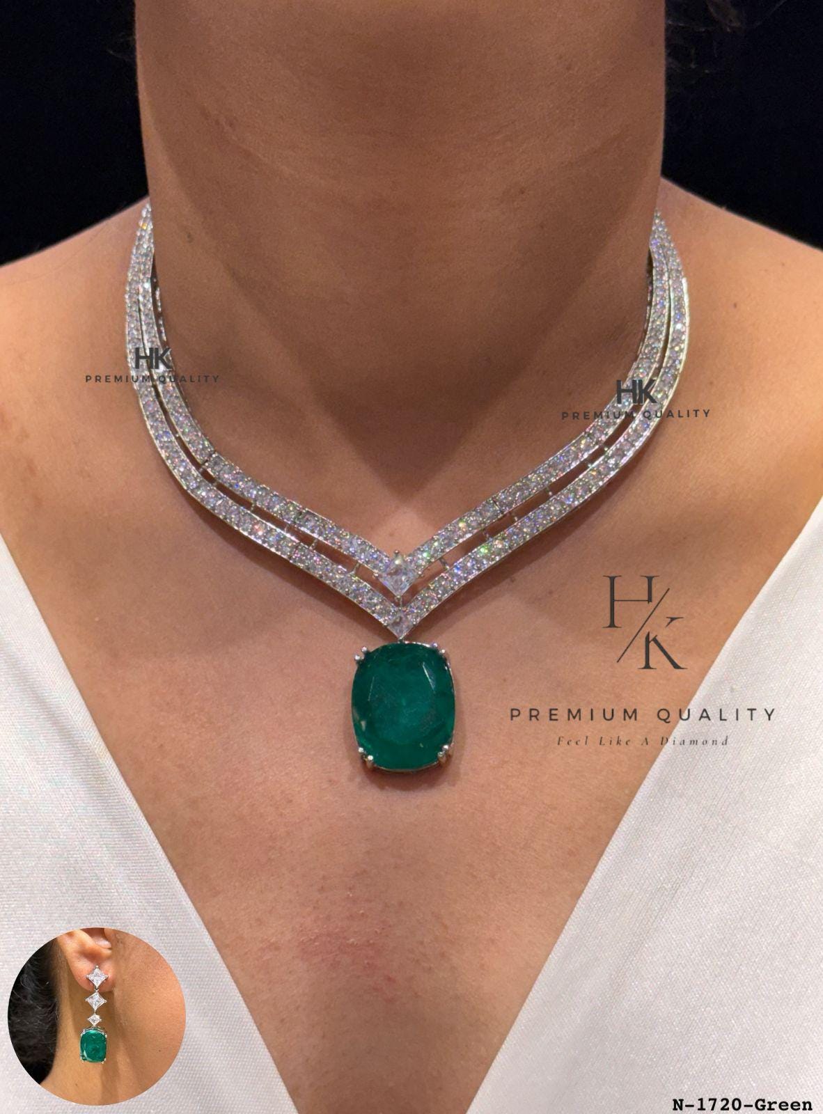 Emerald Statement Necklace and Earrings Set, Bridal Cubic Zirconia Jewelry
