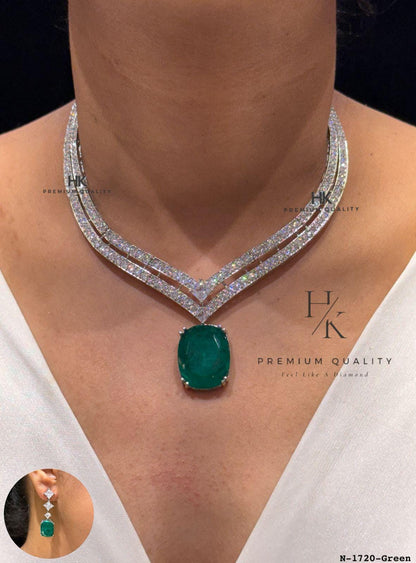 Emerald Statement Necklace and Earrings Set, Bridal Cubic Zirconia Jewelry