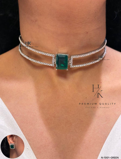Emerald Cut CZ Choker Necklace Set, Double Row Statement Bridal Jewelry