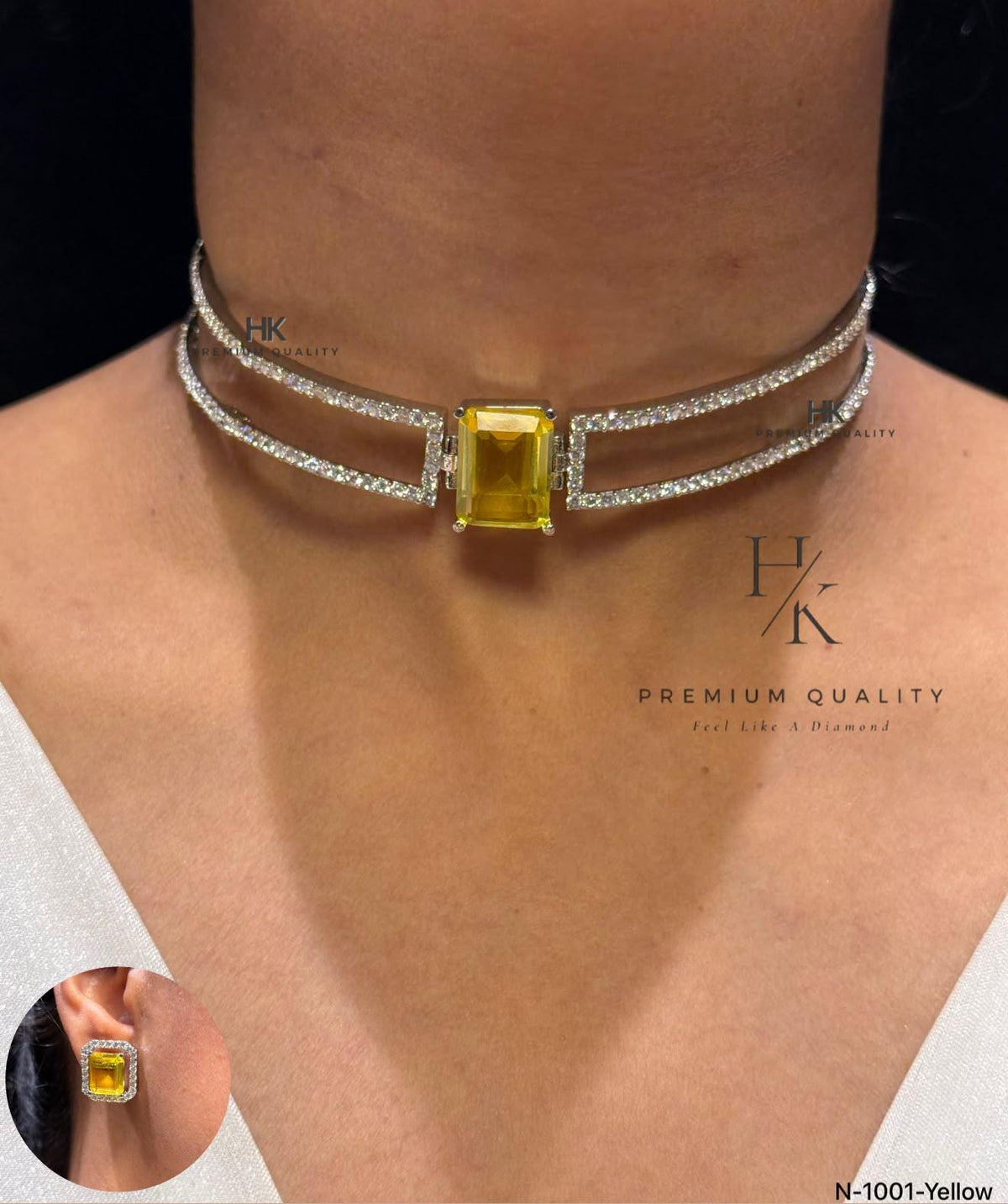Emerald Cut CZ Choker Necklace Set, Double Row Statement Bridal Jewelry