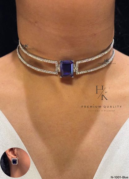 Emerald Cut CZ Choker Necklace Set, Double Row Statement Bridal Jewelry