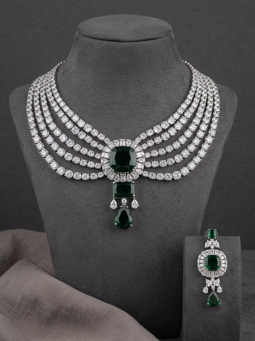 Multi-Layer CZ Necklace and Earrings Set, Bridal Statement Jewelry, Wedding Party Accessory