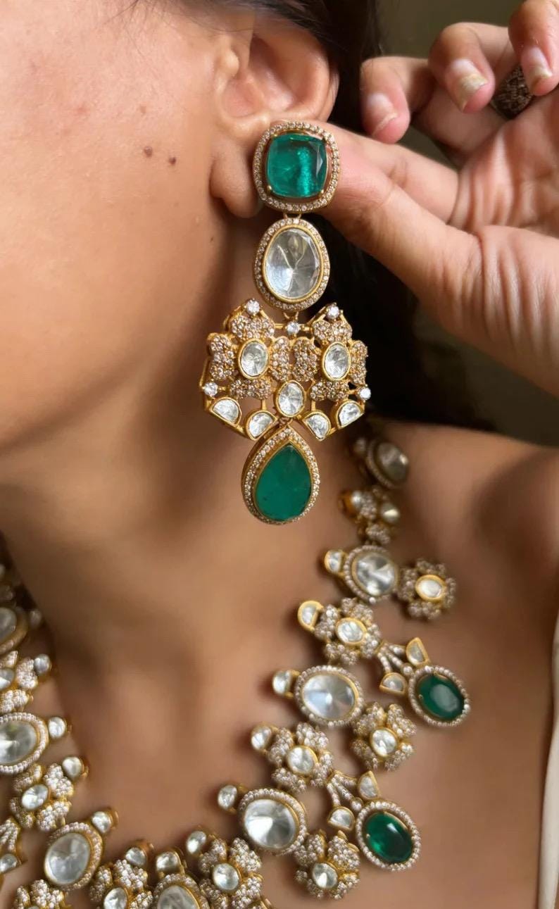 Kundan Statement Necklace Set | Heavy Polki Bridal Choker, Chandelier Earrings | South Asian Wedding Jewelry