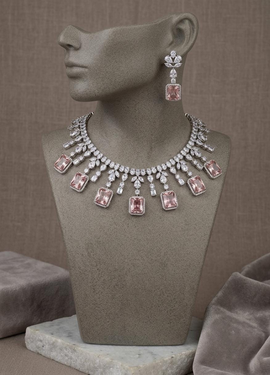 Luxury American Diamond Necklace Set with Statement Earrings | Bridal Wedding Jewelry | CZ Crystal Necklace