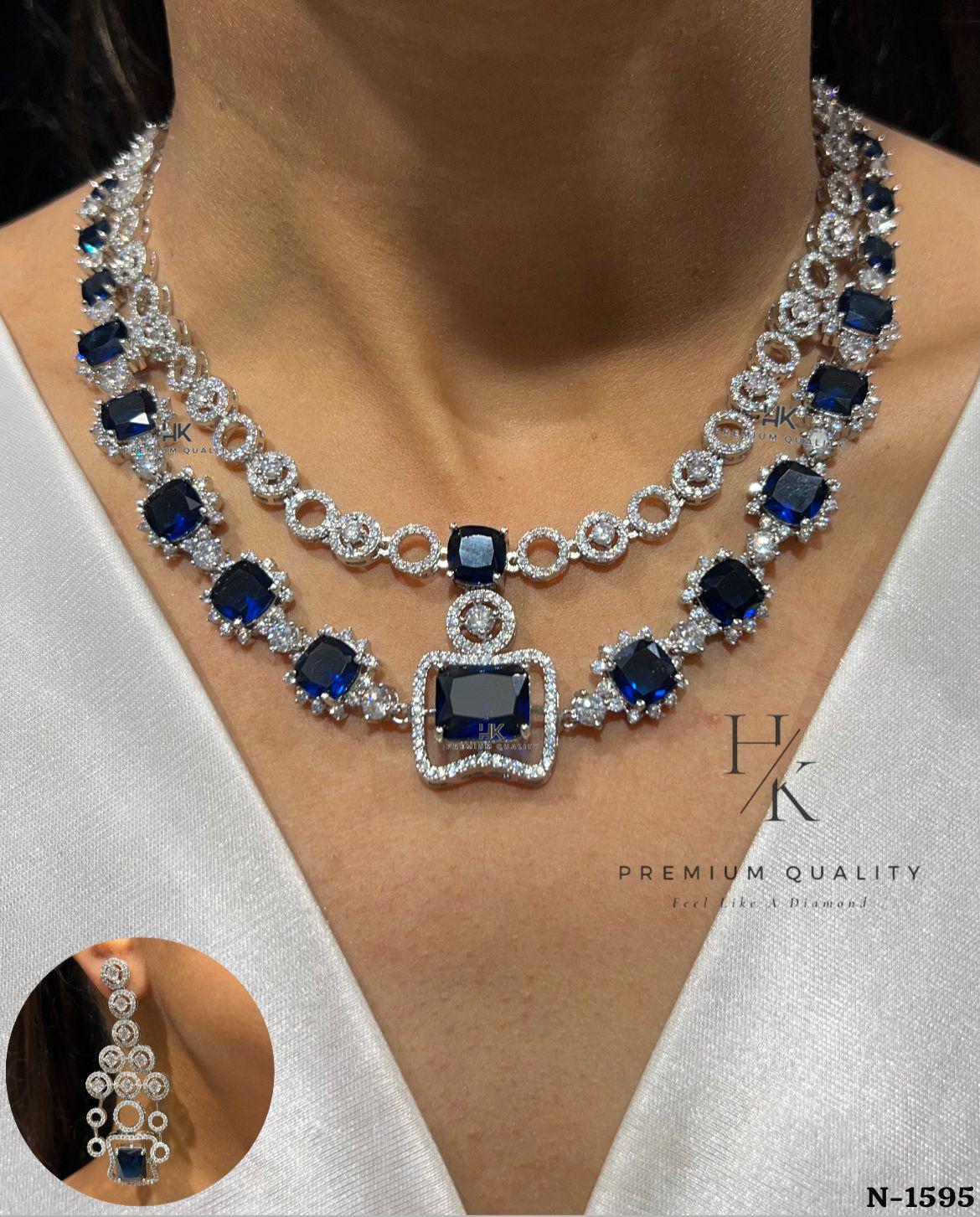 American Diamond Necklace Set | CZ Bridal Chandelier Earrings, Geometric Party Wear