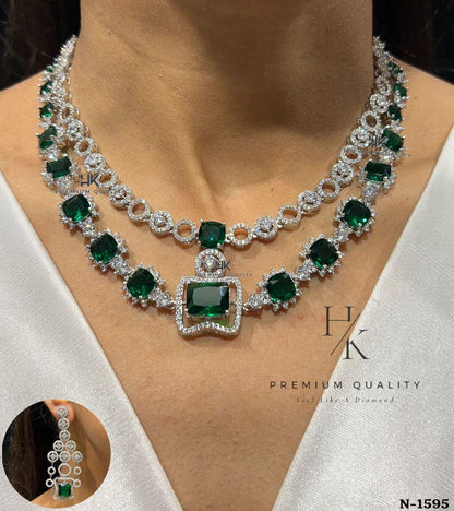 American Diamond Necklace Set | CZ Bridal Chandelier Earrings, Geometric Party Wear