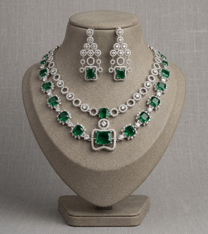 American Diamond Necklace Set | CZ Bridal Chandelier Earrings, Geometric Party Wear