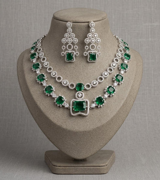 American Diamond Necklace Set | CZ Bridal Chandelier Earrings, Geometric Party Wear