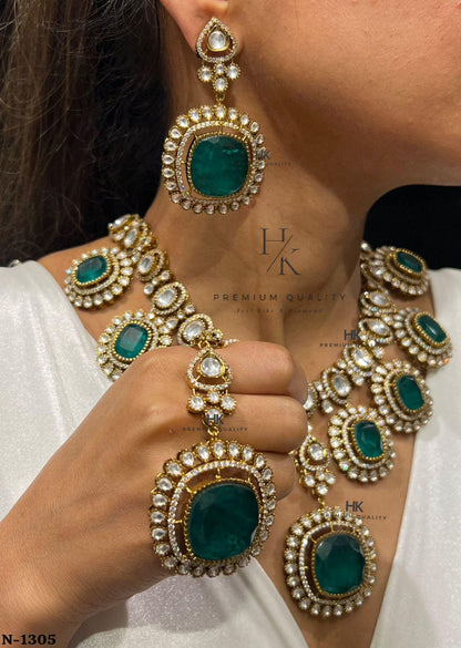 Kundan Polki Necklace Set with Statement Pendant, Matching Earrings | Bridal Indian Jewelry