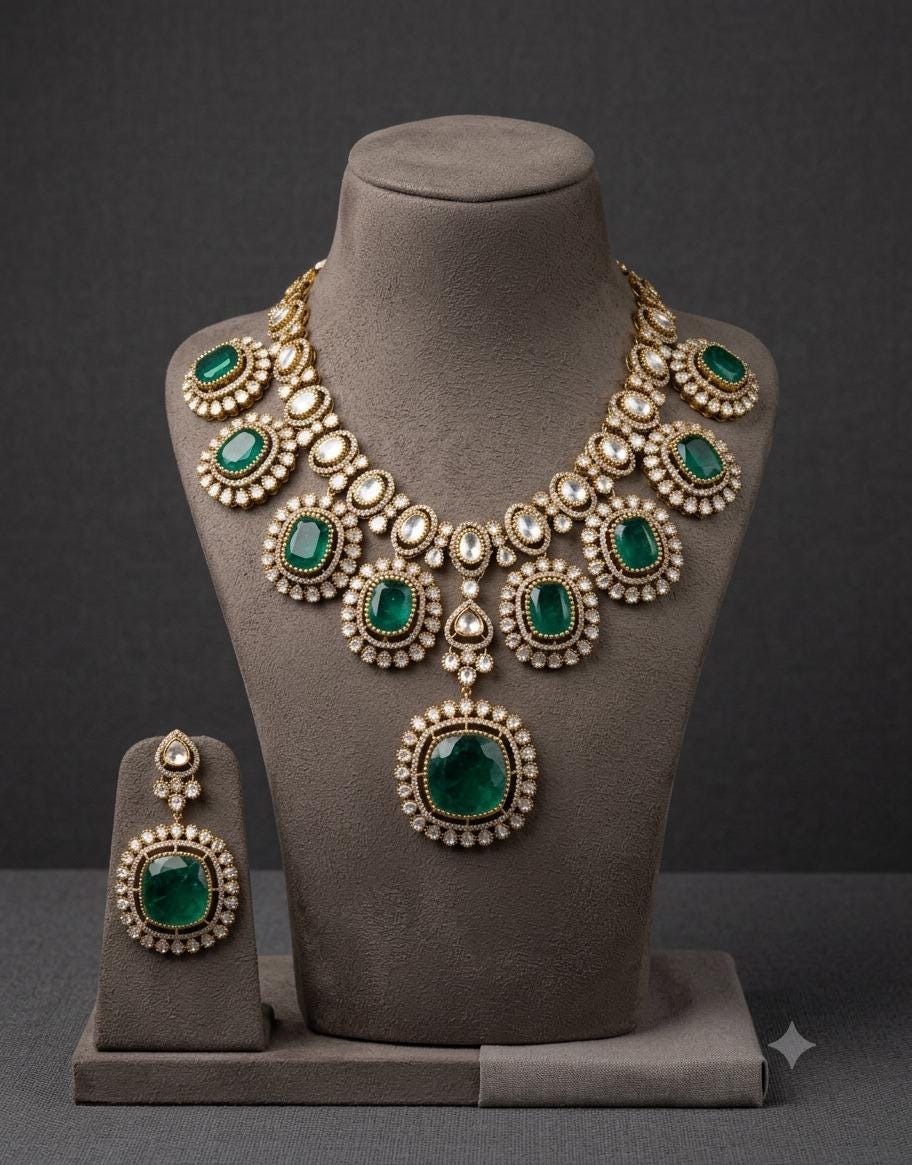 Kundan Polki Necklace Set with Statement Pendant, Matching Earrings | Bridal Indian Jewelry
