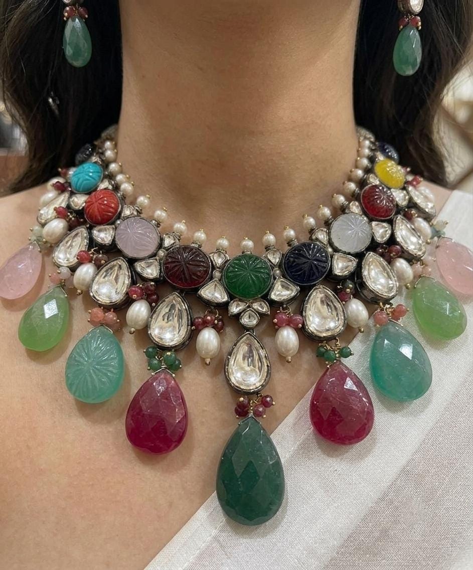 Assorted Carved Stone Kundan Choker Set | Heavy Bridal Polki Statement Necklace & Maang Tikka
