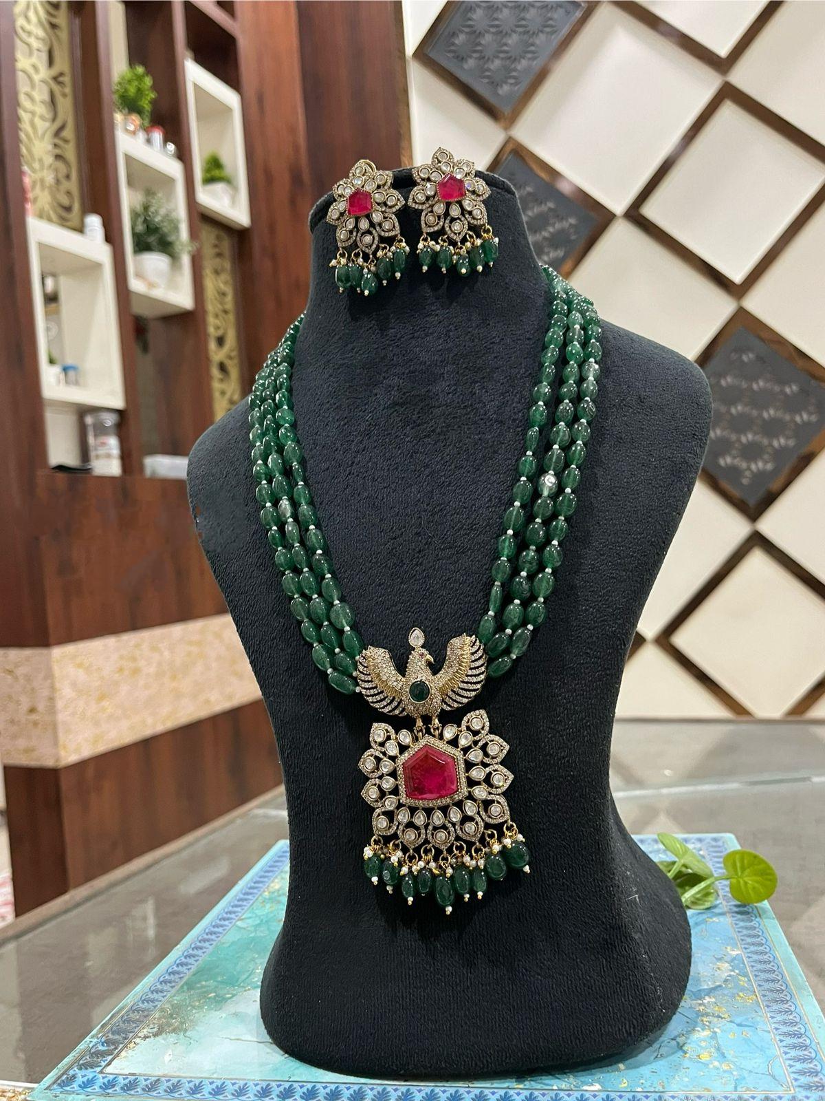Green Beaded Indian Necklace Set | Temple Style Bridal Jewelry (Multi-Strand)