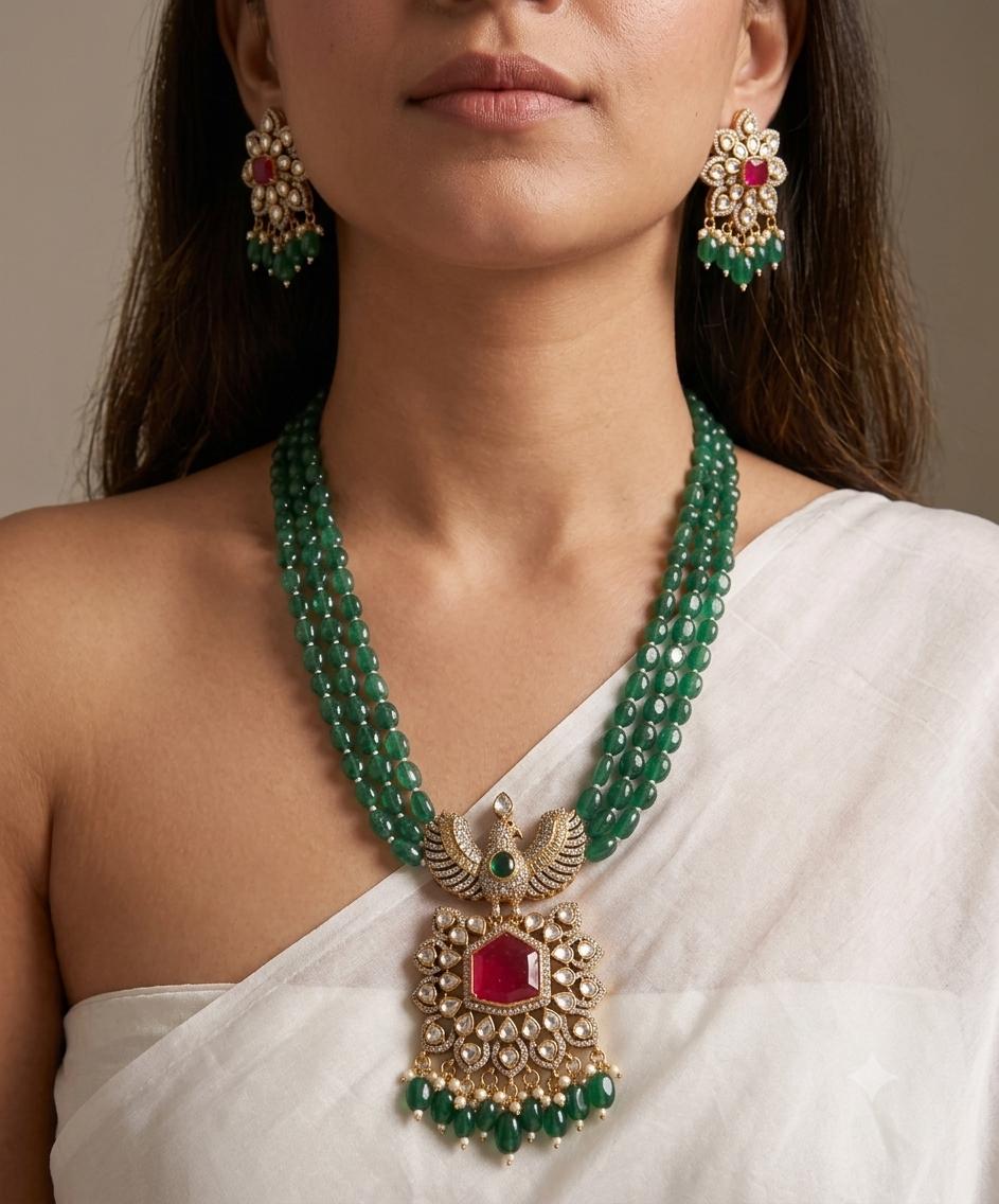 Green Beaded Indian Necklace Set | Temple Style Bridal Jewelry (Multi-Strand)