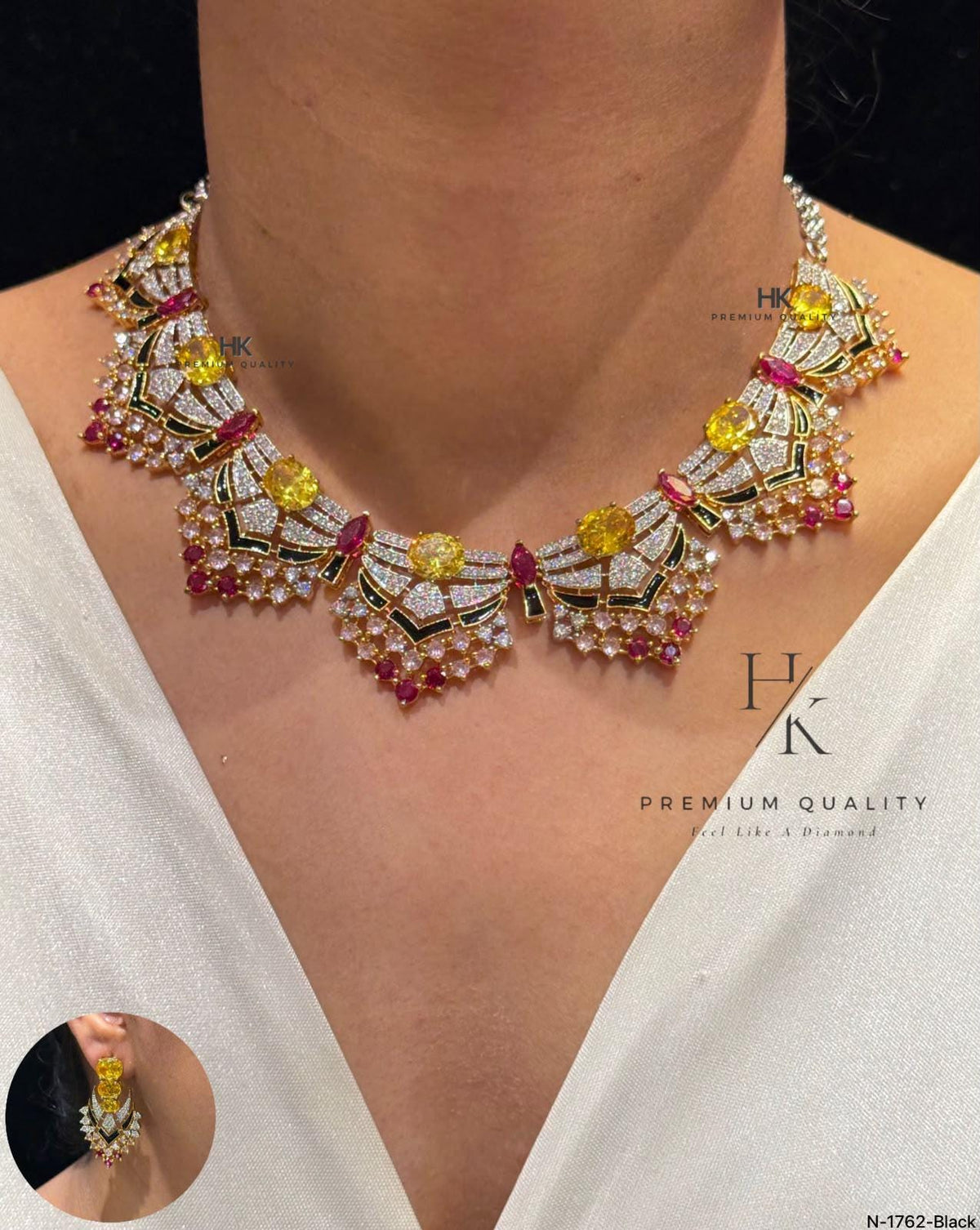 Designer CZ Statement Necklace Set with Matching Earrings | Art Deco Bridal Jewelry