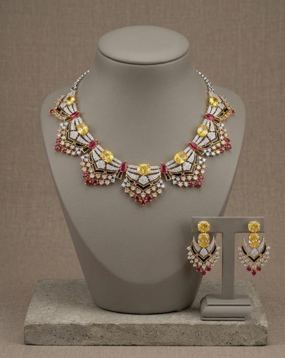 Designer CZ Statement Necklace Set with Matching Earrings | Art Deco Bridal Jewelry