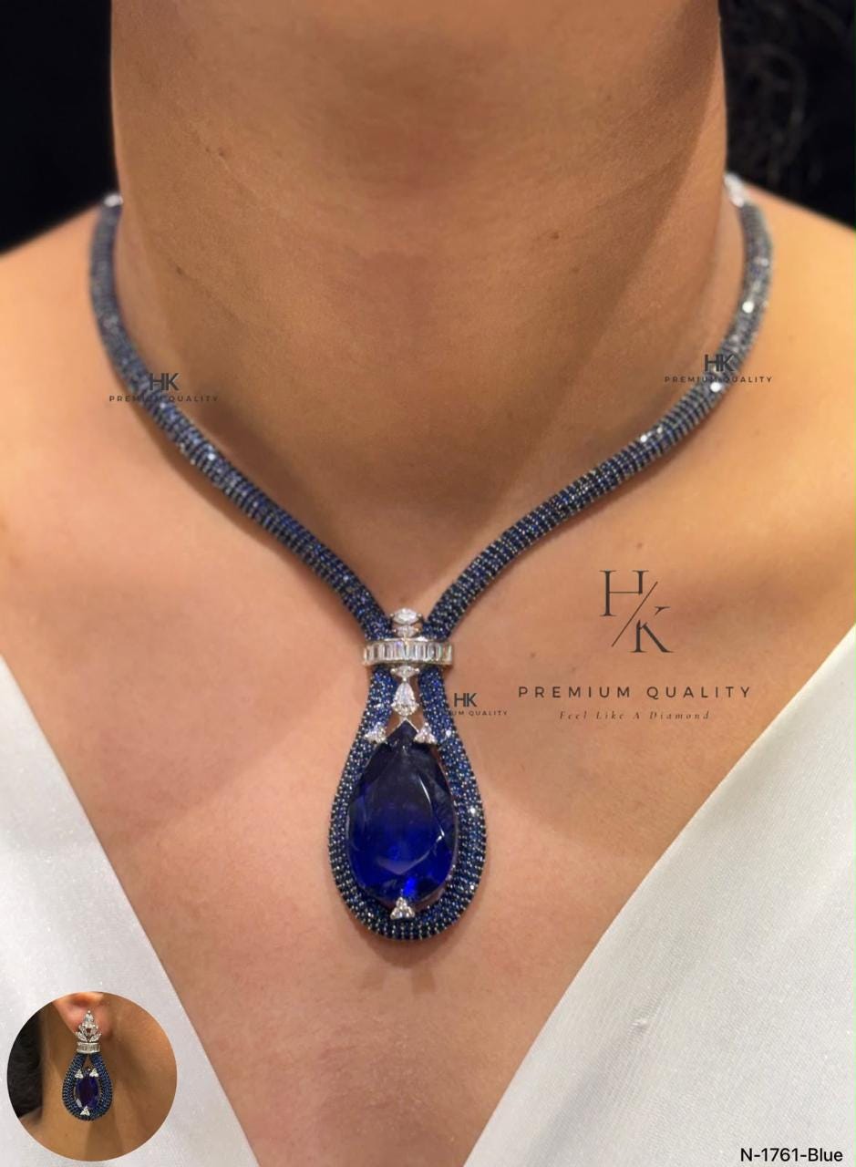 Luxury Statement Pendant Necklace Set with Matching Earrings | Designer CZ Bridal Jewelry | Wedding Necklace