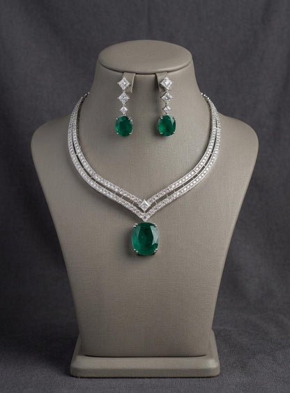 Emerald Statement Necklace and Earrings Set, Bridal Cubic Zirconia Jewelry